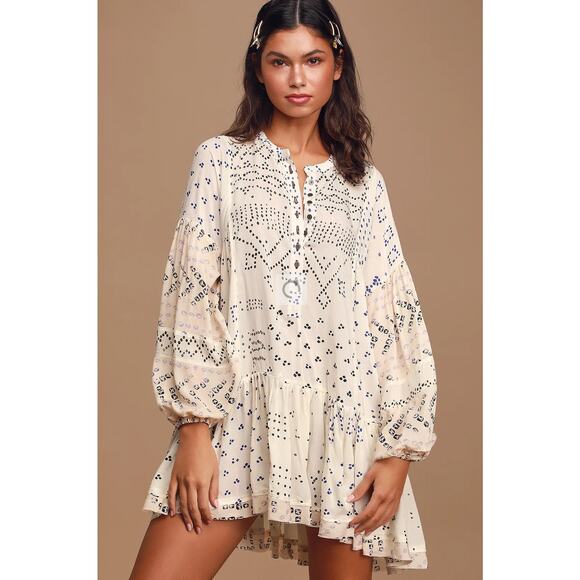 Free People‎ Shibori Ivory Print Long Sleeve Button-Up Tunic - Picture 1 of 7